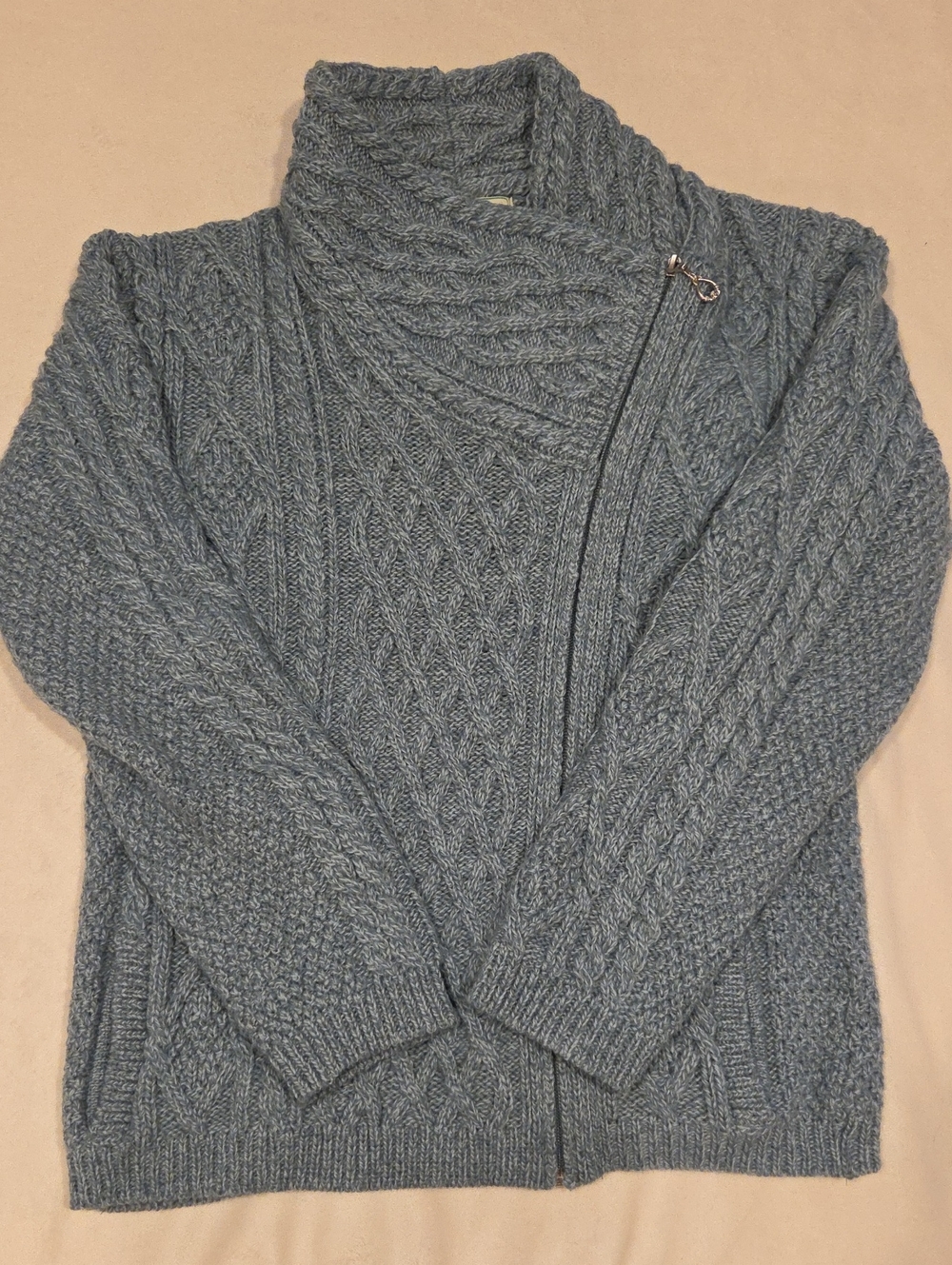 Original Aran Co. Women's Side Zip Aran Cardigan, Medium In Aqua, Merino Wool